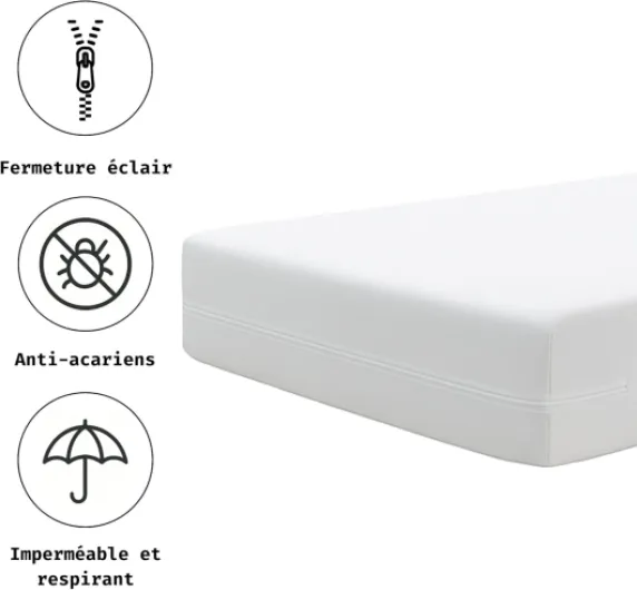 Housse de Matelas 180x200cm Anti-acariens Respirant Certifié Oeko-TEX Alèse Imperméable Blanc 180x190/200cm