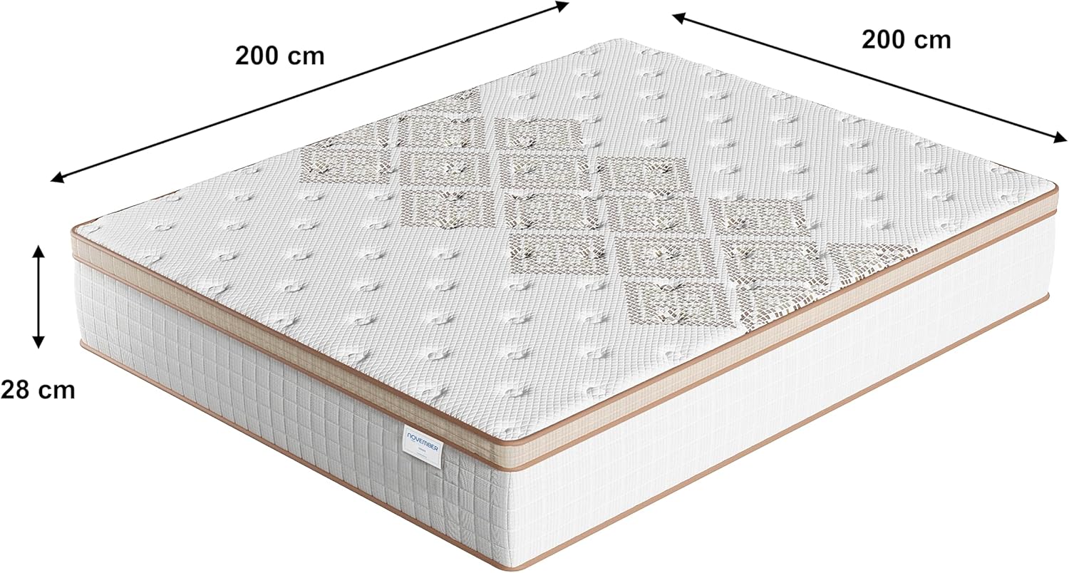 Matelas Errakis 200x200cm - 28cm - Technologie Hybrid: Ressorts ensachés + Mousse HDensité-Épaisseur 28cm- Soutien Tonique & Confort hôtel - Label SANITIZED (Anti bactérien/acarien) 200 x 200 cm