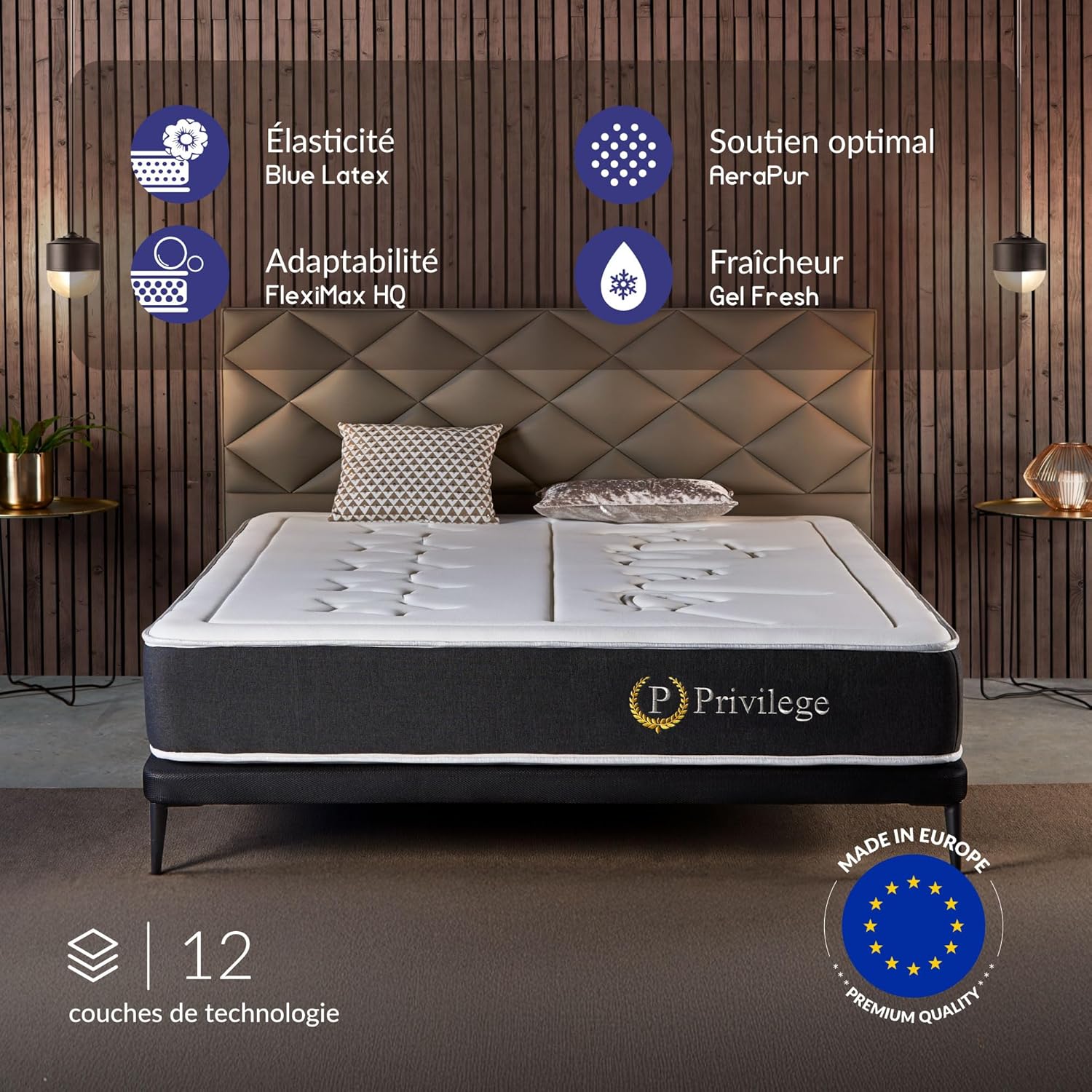Matelas Privilege 160x200-25 cm - Mousse Haute Résilience + Mémoire de Forme Premium - Blue Latex - Soutien Mi-Ferme en 7 Zones - Réversible - Respirant - Fabriqué en Europe 160 x 200 cm 25 cm - Mousse