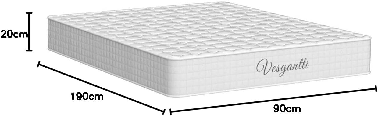 Matelas 90x190cm, 20cm Épaisseur, Matelas à Ressorts ensachés Indépendant, Confort 7 Zones de dureté H3, Soutien Parfait, Respirant, Oeko-tex (Blanc, Tight Top) 20cm 90*190