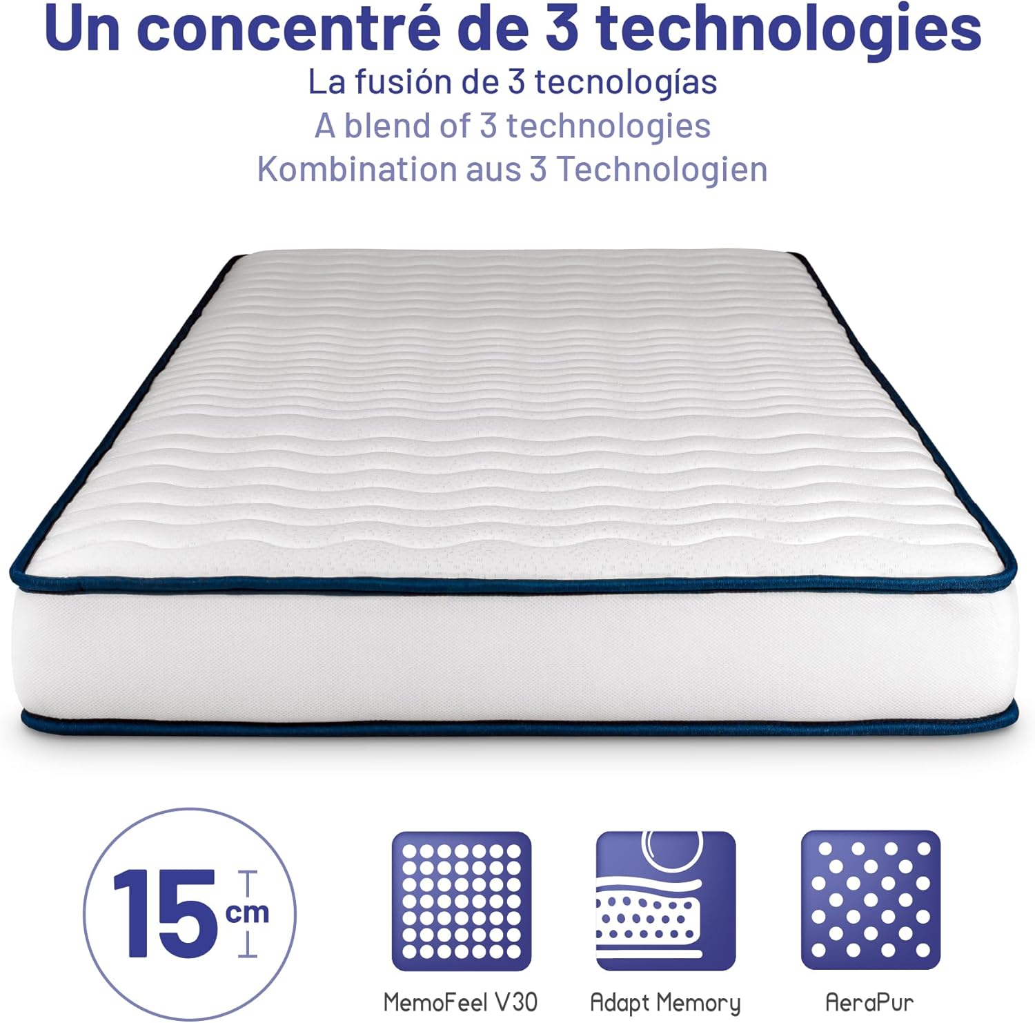 Matelas 90x190 cm - Perfect Sleep Promo - Mousse à mémoire de Forme et Blue Latex - Confort Équilibré - 7 Zones de Couchage - Réversible - Hypoallergénique - Durable - Respirant 15 CM 90 x 190 - Promo