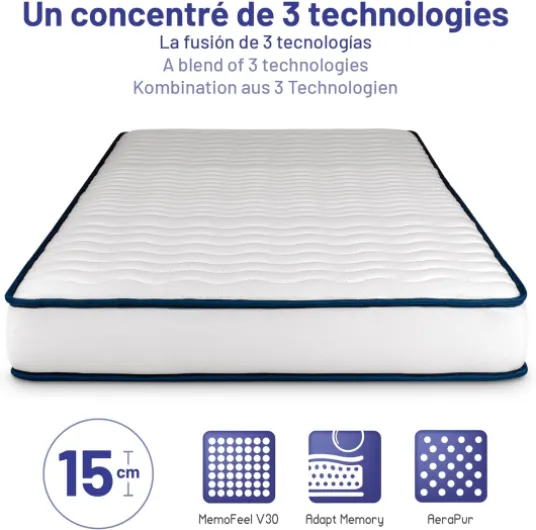 Matelas 90x200 cm - Perfect Sleep Promo - Mousse à mémoire de Forme et Blue Latex - Confort Équilibré - 7 Zones de Couchage - Réversible - Hypoallergénique - Durable - Respirant 15 CM 90 x 200 - Promo
