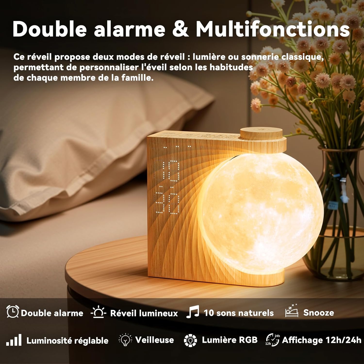 Réveil et Veilleuse Enfant avec Simulateur d'Aube - Réveil Lumineux avec 15 Sonneries, Fonction Snooze, 8 Couleurs RGB, 10 Sons Naturels avec Minuterie - Cadeau pour Filles, Garçons Traditionnel
