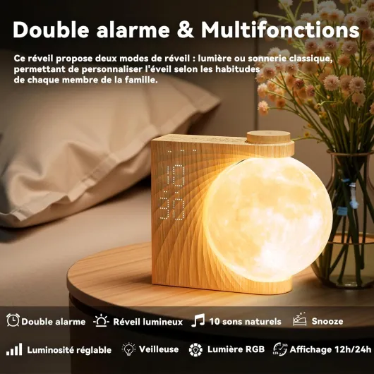 Réveil et Veilleuse Enfant avec Simulateur d'Aube - Réveil Lumineux avec 15 Sonneries, Fonction Snooze, 8 Couleurs RGB, 10 Sons Naturels avec Minuterie - Cadeau pour Filles, Garçons Traditionnel