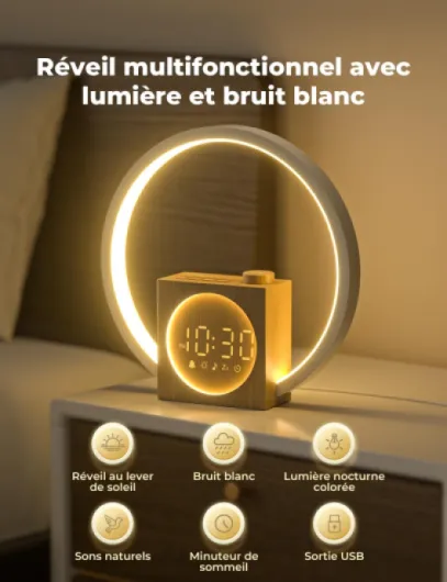 Lampe de Chevet LED avec Réveil, Réveil Lumineux Simulateur d'Aube, Lampe de Reveil avec 30 Sons pour Dormir, 20 Niveaux de Luminosité, Minuterie sommeil 10-480 min-Adaptateur Inclus