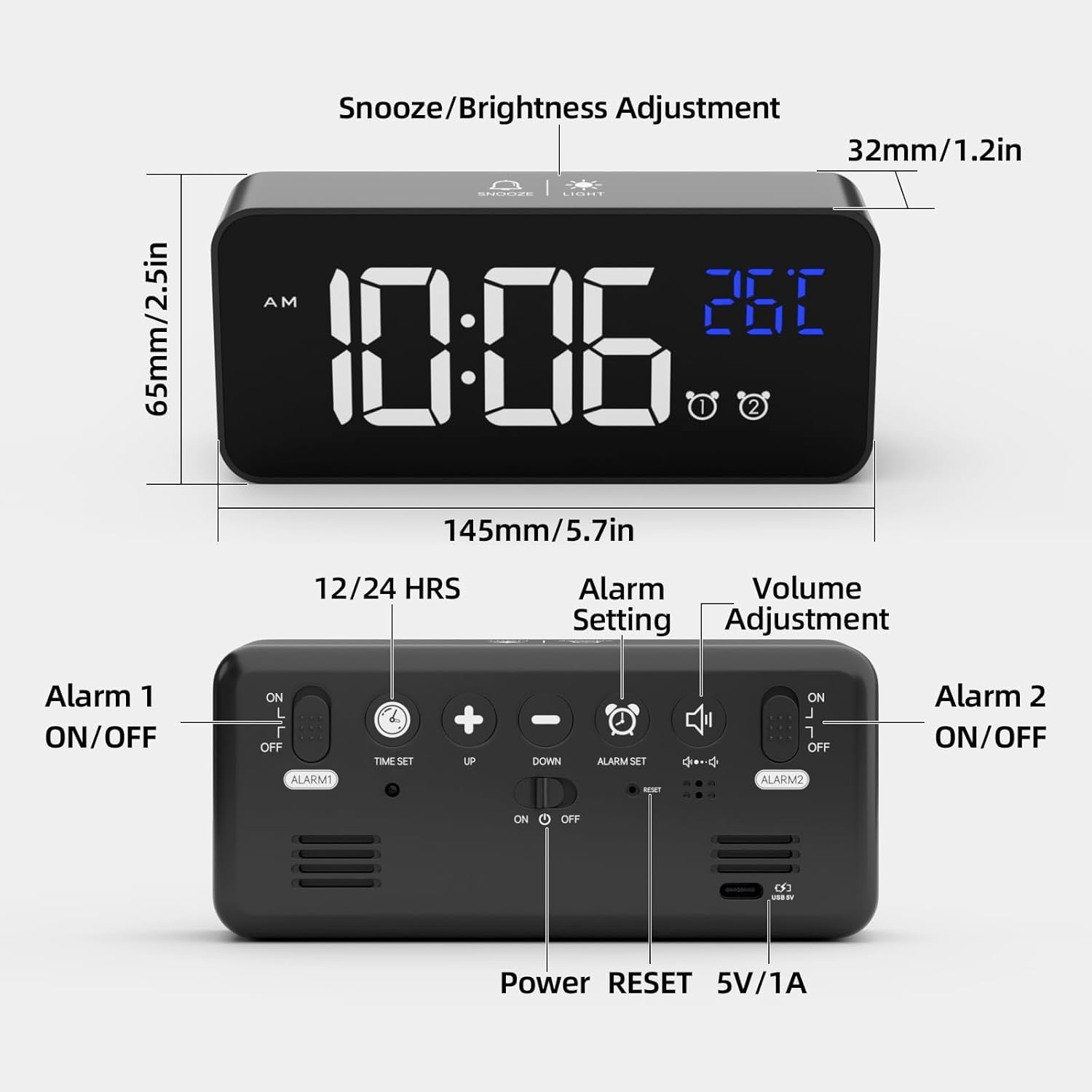 Réveil Numérique, Alarm Réveil LED avec Fonction Snooze, Charge des Ports USB (Noir)