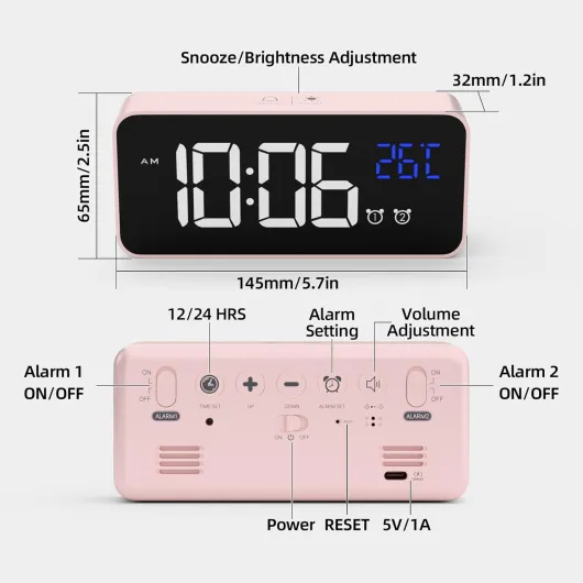 Réveil Numérique avec Grand Affichage de la Température LED, Alarme de Miroir Portable avec Double Alarme Roupillon Temps Gradateur de Luminosité Réglable sur 4 Niveaux (Rose)