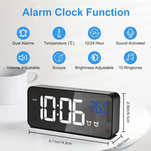 Réveil Numérique, Horloge Numérique LED Reveil Matin Digital avec Température/Snooze/2 Alarme/12/24 Heure/Port de Recharge USB/10 Musiques Noir-1