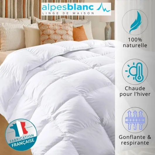 Couette Naturelle en Plume 360g/m² - 240x260 cm –Fabrication Française – Lavable -Chaude et Respirante - Garnissage Neuf