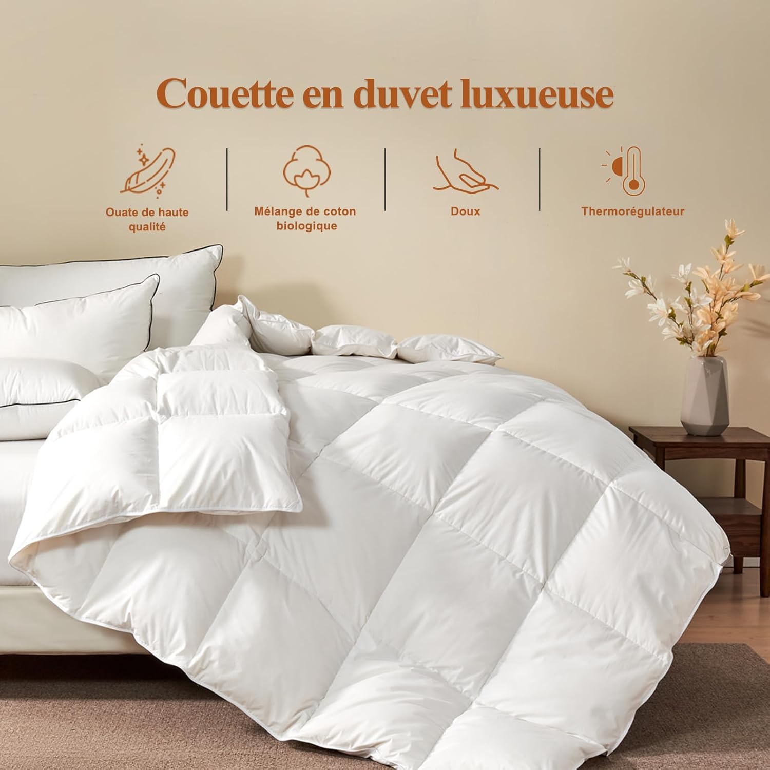 Couette pour Hotel de Luxe 50% Duvet 220 × 240 cm, Mélange Coton Toutes Saisons avec Duvet et Plumes, Extra Douce, Respirante Température Moyenne 220 x 240 cm 4 Saisons