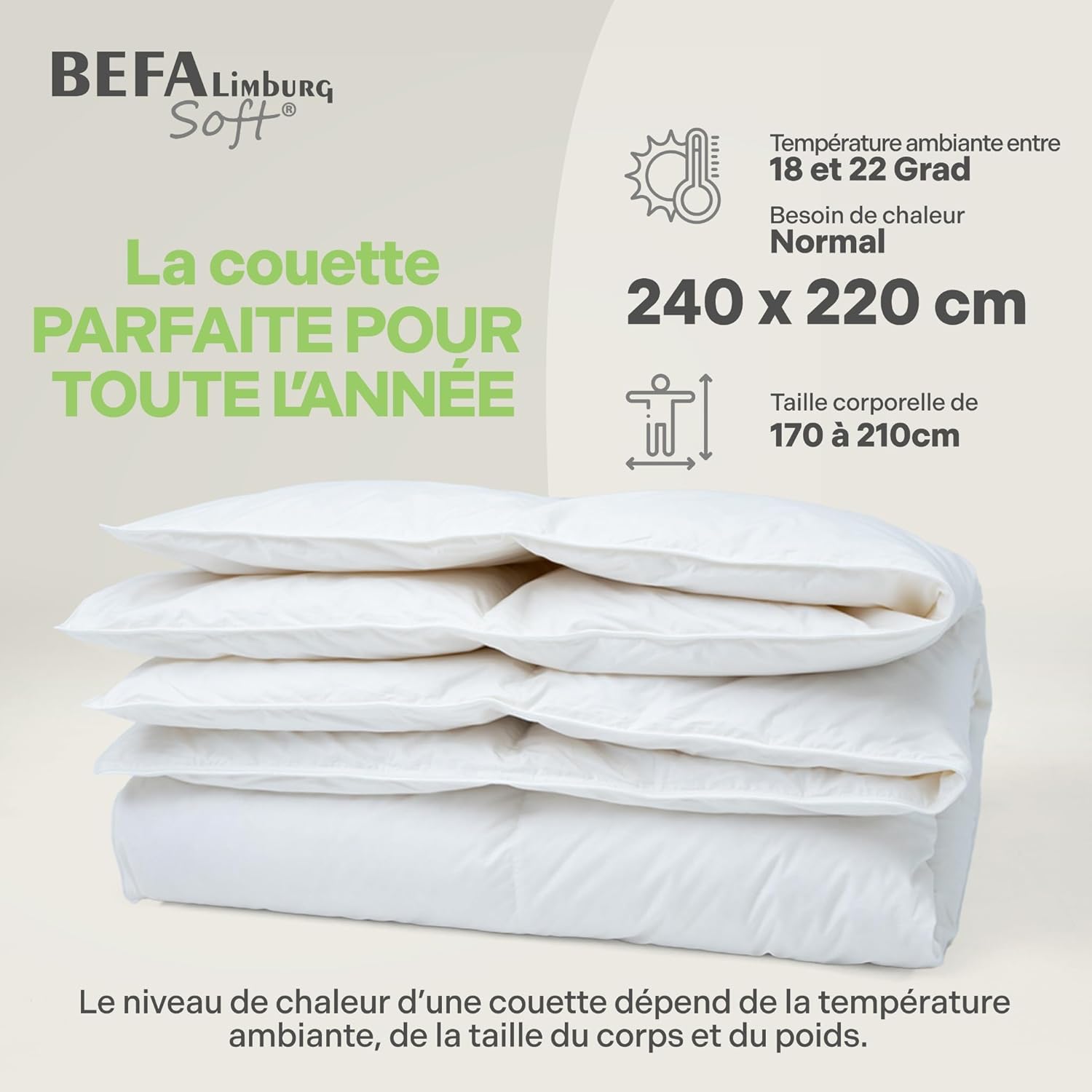 Couette en duvet pour toute l'année - 240 x 220 cm - Couette en plumes, 90 % plumes et 10 % duvet - Respirant et facile d'entretien - Pour les personnes allergiques (NOMITE) - Bien-être Couette Toutes Saisons 240 x 220 cm