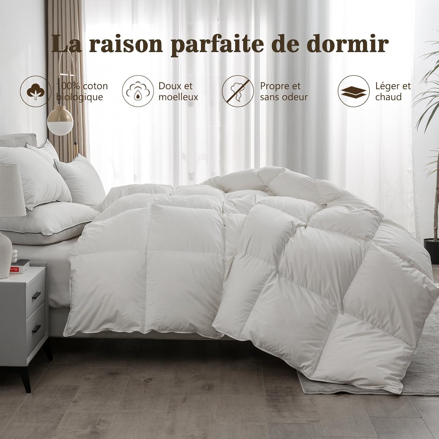 BPC Couette en Plumes d'oie et Duvet 220x240 cm, Couettes pour Hotel de Luxe Naturelle 4 Saisons, 100% Coton Biologique, Certifiée Oeko-Tex et RDS, Couette 2 Personnes Blanc, Fluffy Medium Down Duvet 220 x 240 cm 4 Saisons
