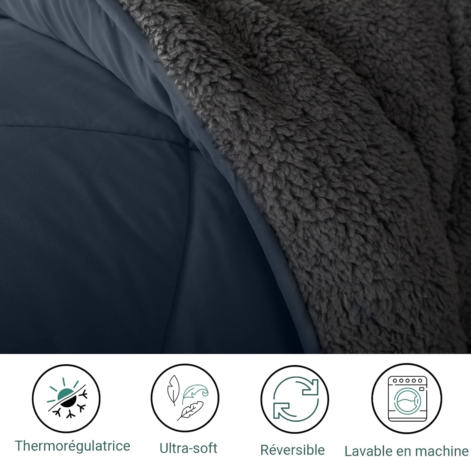 Couette Sherpa - Sensation Laine et Cosy - Surpiquage Innovant - Réversible été Hiver - Isolation Thermique (Grise, 220 x 240 cm) Grise 220 x 240 cm