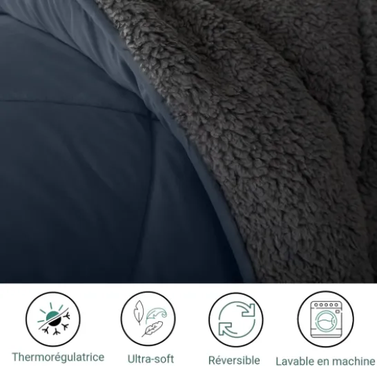 Couette Sherpa - Sensation Laine et Cosy - Surpiquage Innovant - Réversible été Hiver - Isolation Thermique (Grise, 220 x 240 cm) Grise 220 x 240 cm