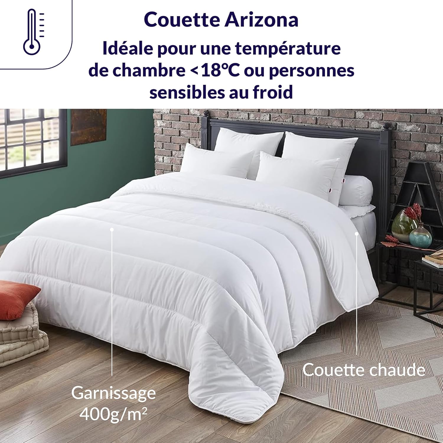 Couette Chaude Arizona 220x240 cm - Convient 1-2 Personnes - Ultra Douce et Gonflante - Tissu 100% Polyester - Garnissage Synthétique 100% Polyester Fibre Volupt'Air - Lavable en Machine à 40°C