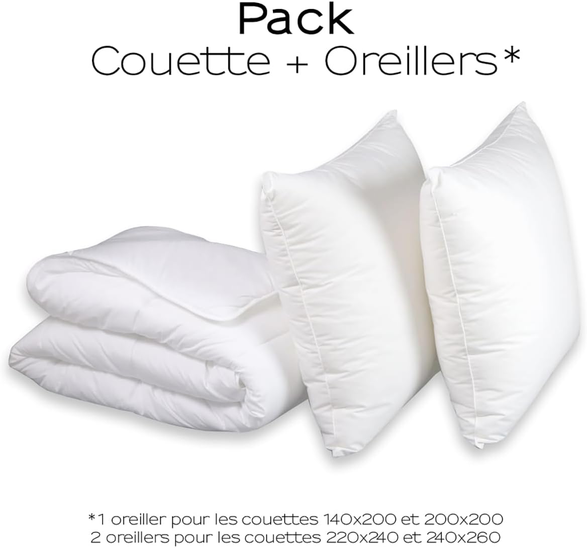Pack Climarelle Thermorégulation Couette Légère + Oreiller 240x260 cm - pour Lit 2 Personnes - Tissu 100% Coton - Garnissage 100% Polyester Climarelle - Lavable en Machine à 40°C Blanc 240/260
