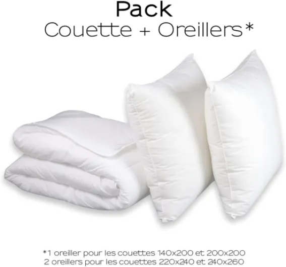 Pack Couette Tempérée 220x240 + Oreiller - pour Lit 2 Personnes - Enveloppe 100% Coton Naturel - Garnissage Synthétique 100% Polyester Climarelle- Lavable à 40°C Blanc 220/240