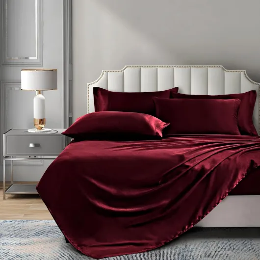 P Pothuiny Parure de lit Luxueuse en Satin Soyeux 6 pièces avec 1 Drap-Housse à Bonnets Profonds + 1 Drap Plat + 4 taies d'oreiller Bordeaux Full Couleur : Bordeaux