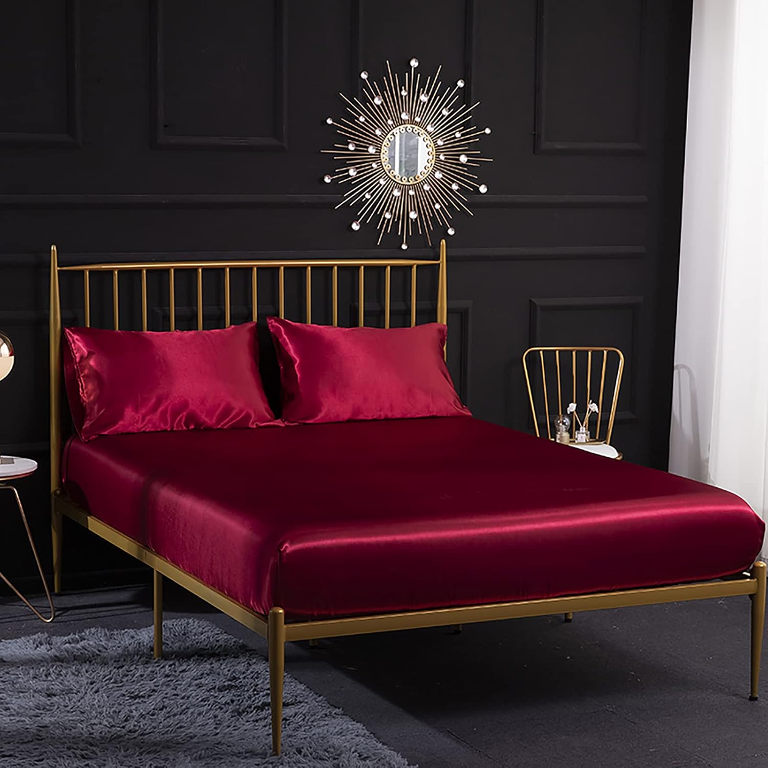 Jemiipee Ensemble 4 Pièces de Draps de Lit en Satin Couleur Unie 1 x Drap Housse 180x200 cm 2 Personnes avec Grand Bonnet de 35 cm, 1 x Drap Plat et 2 x Taie d'oreiller, Rouge Bordeaux 180 x 200 x 35 cm Vin Rouge