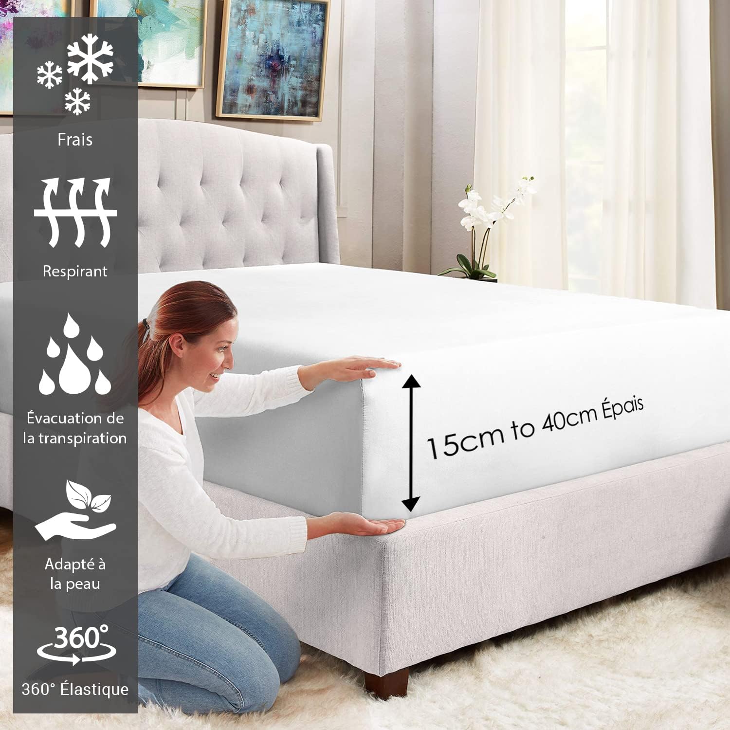 Coton Peigné Drap Housse 160x200 cm Blanc, 100% Coton Longue Tige 400 Fils Armure Satin, Drap Housse de Luxe Bonnet 40 cm (Blanc Coton 2 Personnes) Blanc Drap housse - 160 x 200 cm