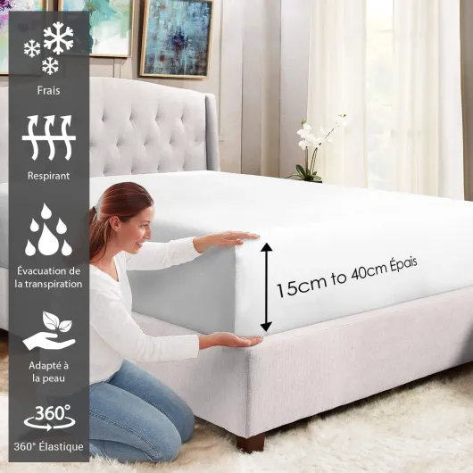 Coton Peigné Drap Housse 160x200 cm Blanc, 100% Coton Longue Tige 400 Fils Armure Satin, Drap Housse de Luxe Bonnet 40 cm (Blanc Coton 2 Personnes) Blanc Drap housse - 160 x 200 cm