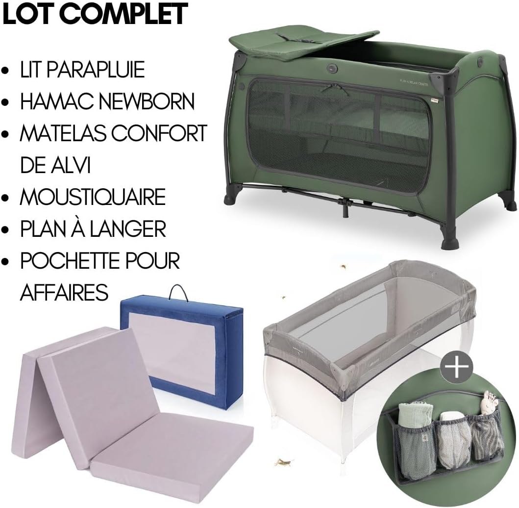 Lot Lit Parapluie Bebe avec Matelas Play N Relax 120x60 cm - avec Moustiquaire, 2 Niveaux, Table à Langer, Ouverture Latéral et Sac de Transport - Vert Foncé accès latéral Vert Foncé