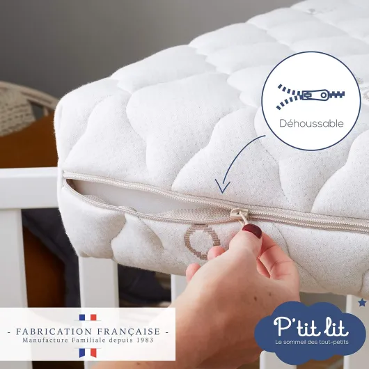 P'TIT LIT - Matelas Bébé Coton Bio - 60x120 cm - 100% Coton : matière Naturelle d'origine Végétale - sans Traitement Chimique - Déhoussable - Oeko Tex® - Fabrication Française 60x120x12 cm
