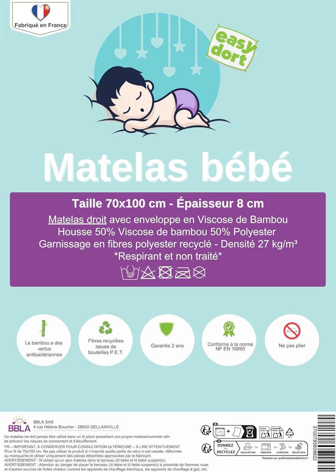 Matelas bébé 70x100 cm - Berceau ou lit bébé - Épaisseur 8 cm - Fabriqué en France - Été & Hiver - Double Face - Très Confortable - Housse en Bambou - Blanc