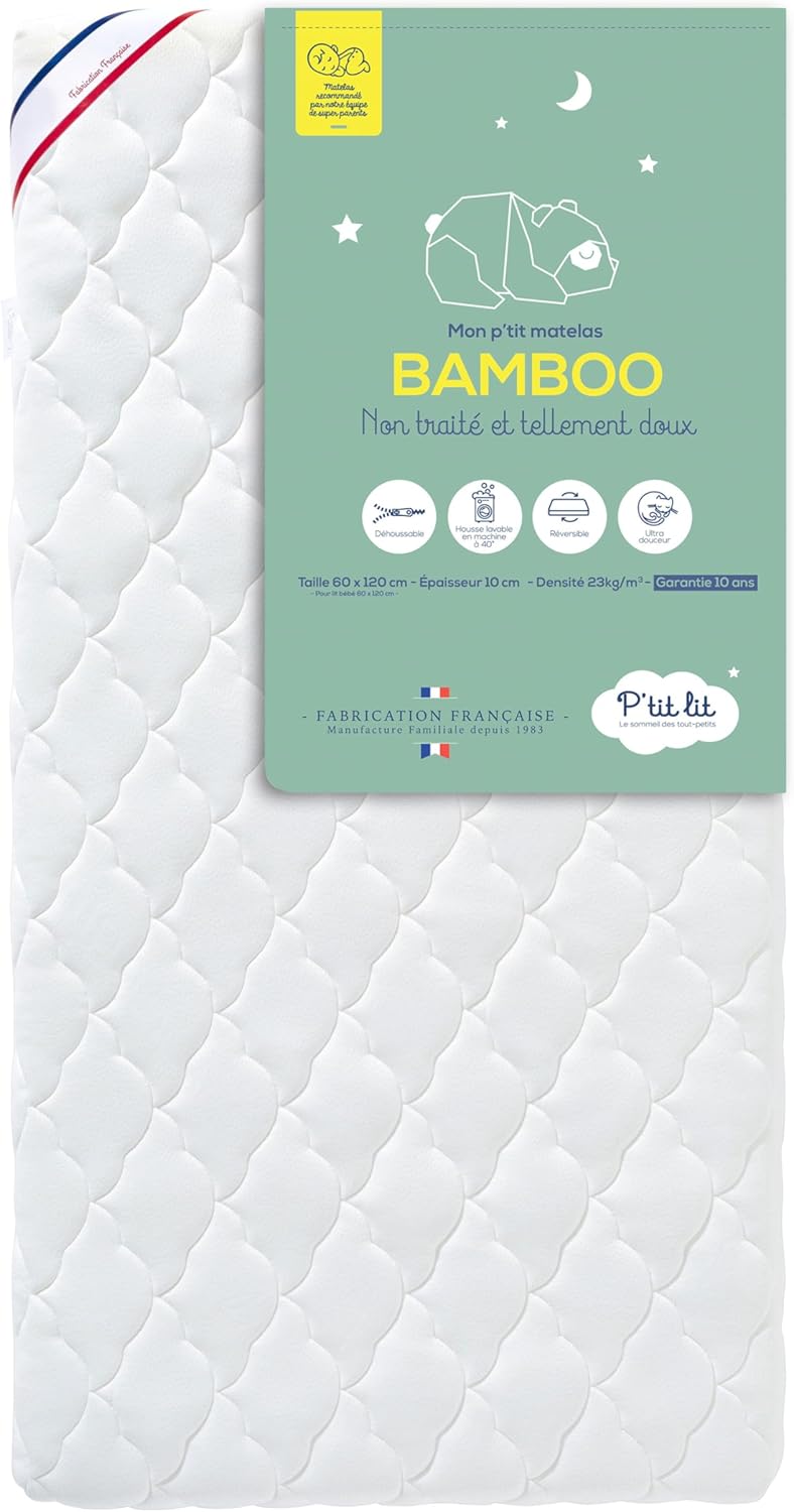 P'TIT LIT - Matelas Bébé Bamboo - 60x120 cm - Viscose Douce et Absorbante - sans Traitement Chimique - Déhoussable - Oeko Tex® - Fabrication Française - EP - 10 cm 60x120x10 cm