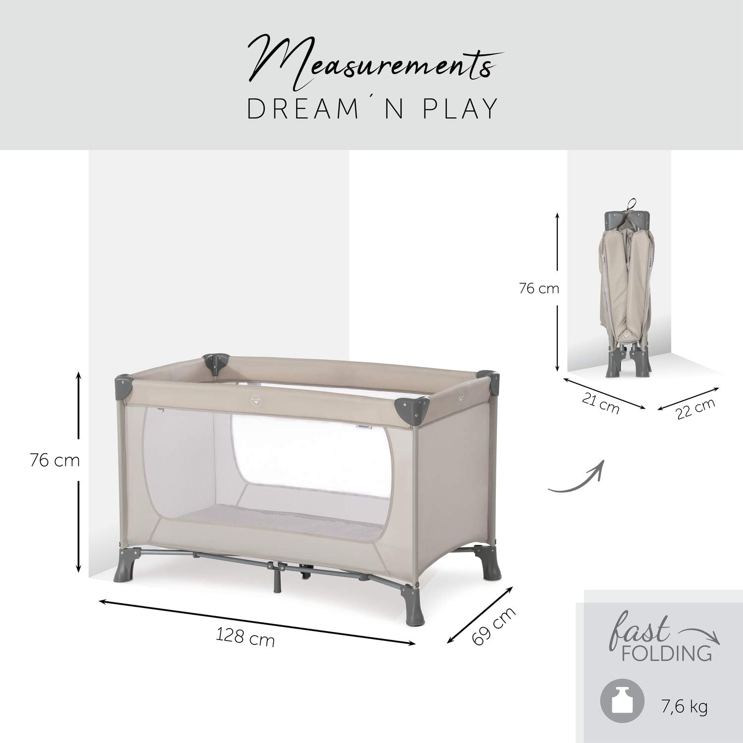 Lit Parapluie Dream N Play 120 x 60 cm - Pour Bébés et Enfants de la Naissance à 15 kg, Léger, Pliage Compact, Sac de Transport et Fond Pliable Inclus, Beige - 1 Unité (Lot de 1) Bleu accès frontale