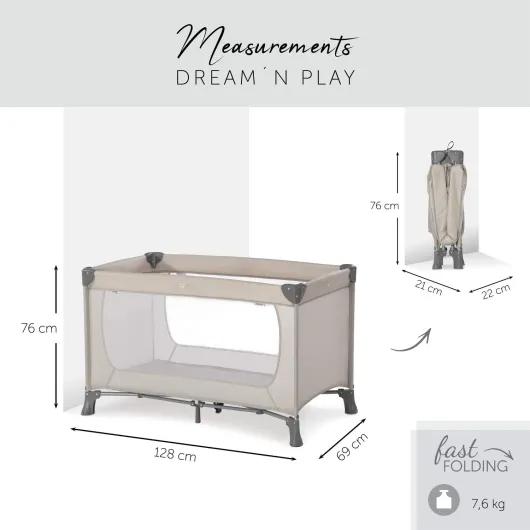Lit Parapluie Dream N Play 120 x 60 cm - Pour Bébés et Enfants de la Naissance à 15 kg, Léger, Pliage Compact, Sac de Transport et Fond Pliable Inclus, Beige - 1 Unité (Lot de 1) Bleu accès frontale