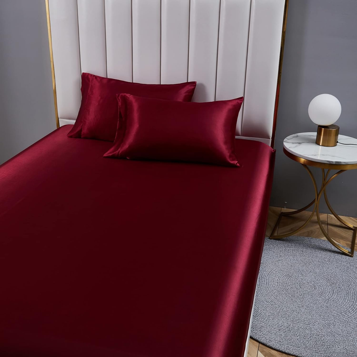 Drap Housse160x200 cm Satin Drap Housse Bonnet 30 cm Rouge Soie Microfibre Drap de lit Soie Drap-Housse Uni Respirant pour Matelas Épais Red 160*200*30