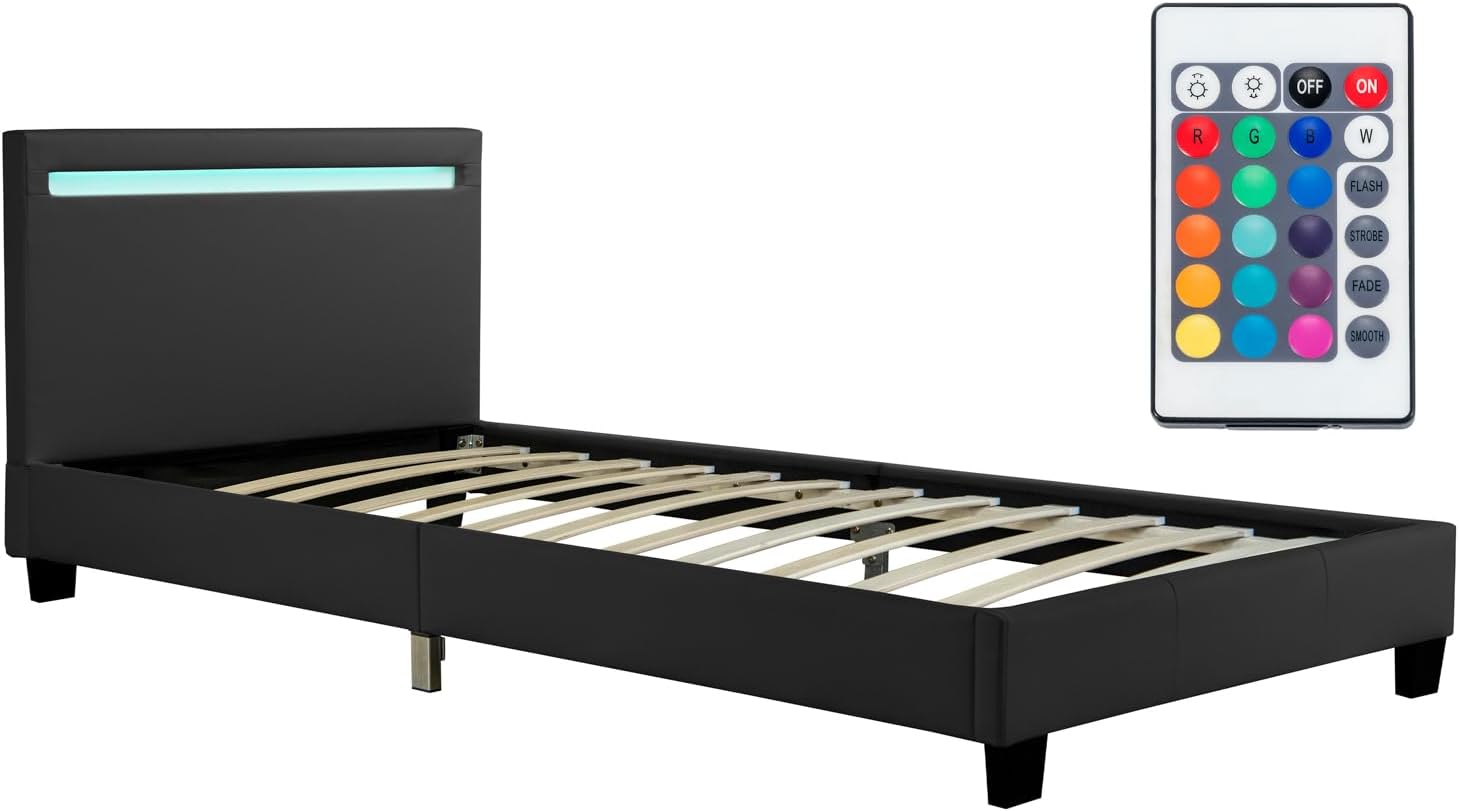 Lit rembourré Verona 90x200 cm avec sommier à Lattes, éclairage LED et tête de lit, Cadre de lit avec revêtement en Similicuir, 1 Personne, Noir Noir 90x200cm