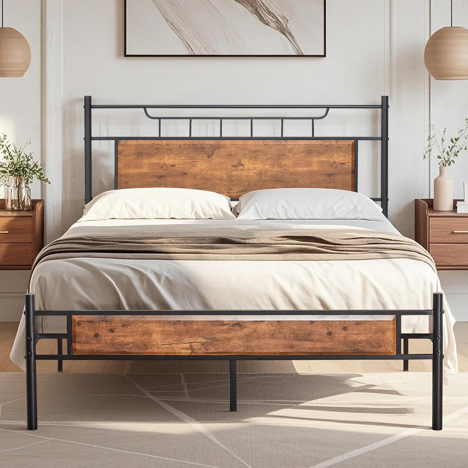 Cadre de Lit 140 x 190 cm, Sommier Plateforme Double avec Tête de lit en Bois, Support à Lattes en Acier de Qualité Supérieure, Rangement sous Le Lit, Assemblage Facile, Marron Moderne