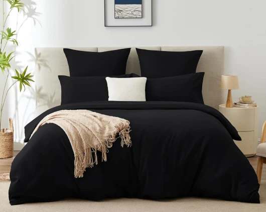 Housse de Couette 140x200 cm avec 1 Taie d'oreiller 65x65 cm,Parure de Lit 1 Personne pour lit 90x190 avec Fermeture Éclair Sets de Housse Couette en Microfibre, Noir 140 x 200 140x200cm + 65x65cm Noir