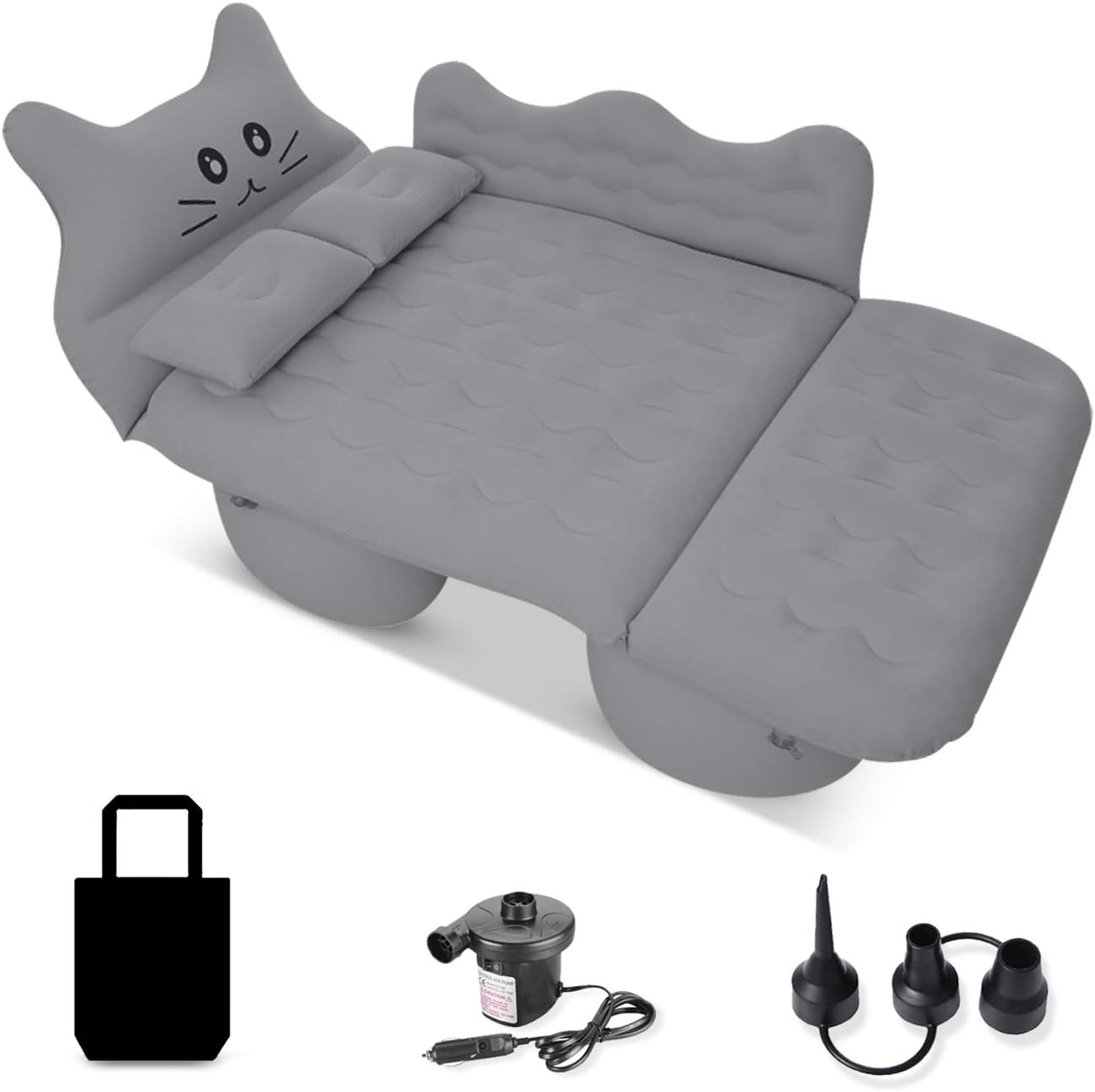 Matelas Pneumatique de Voiture Chat Chanceux Gonflable de Siège Arrière Lit Voiture Multifonctionnel Pliant Siège Air d'auto Lit pour Camping Piscine Plage Voyages (Gris)