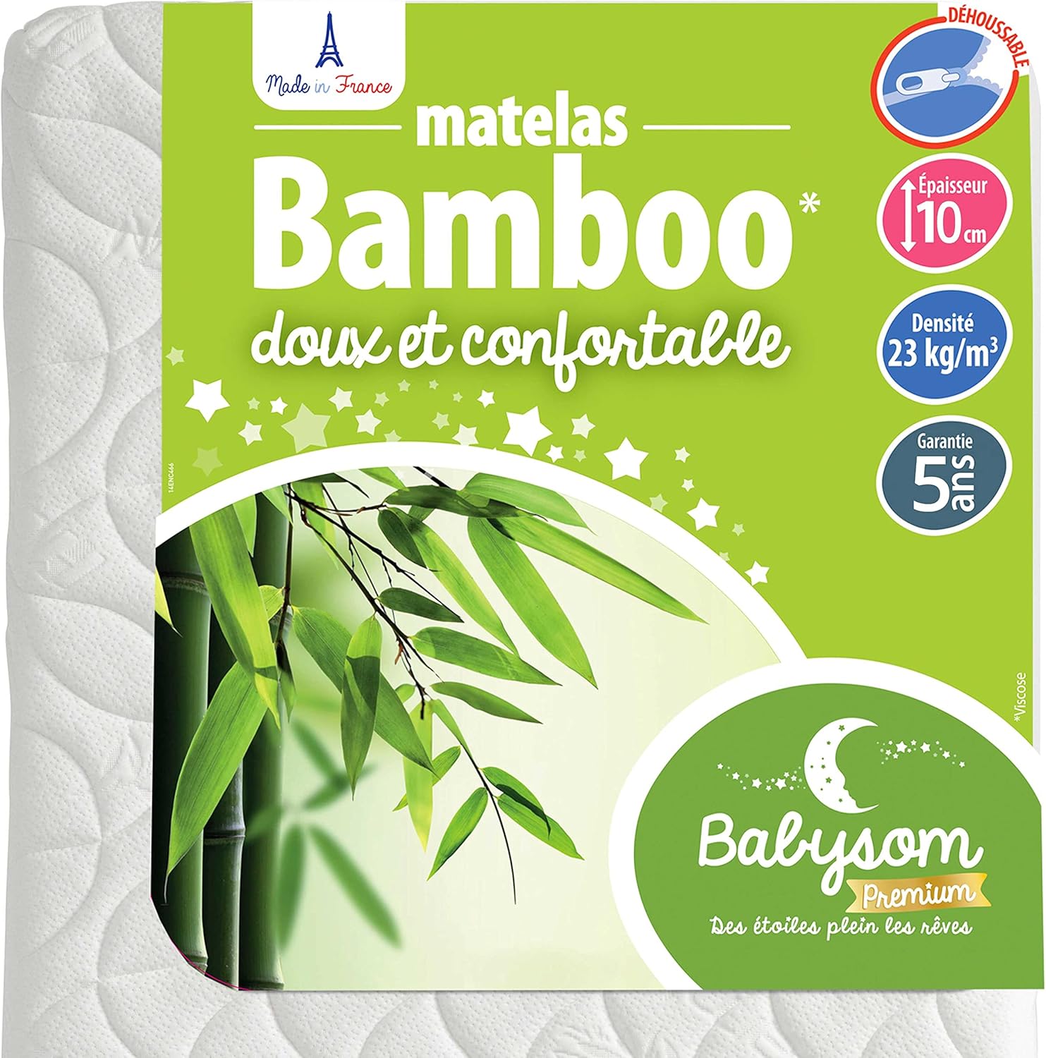 Matelas Bébé Bamboo - 60x120 cm - Viscose au toucher Ultra Doux - Aéré et Absorbant - Sans Traitement Chimique - Épaisseur 10 cm - Déhoussable - Oeko-Tex® - Fabrication française 60x120x10 cm