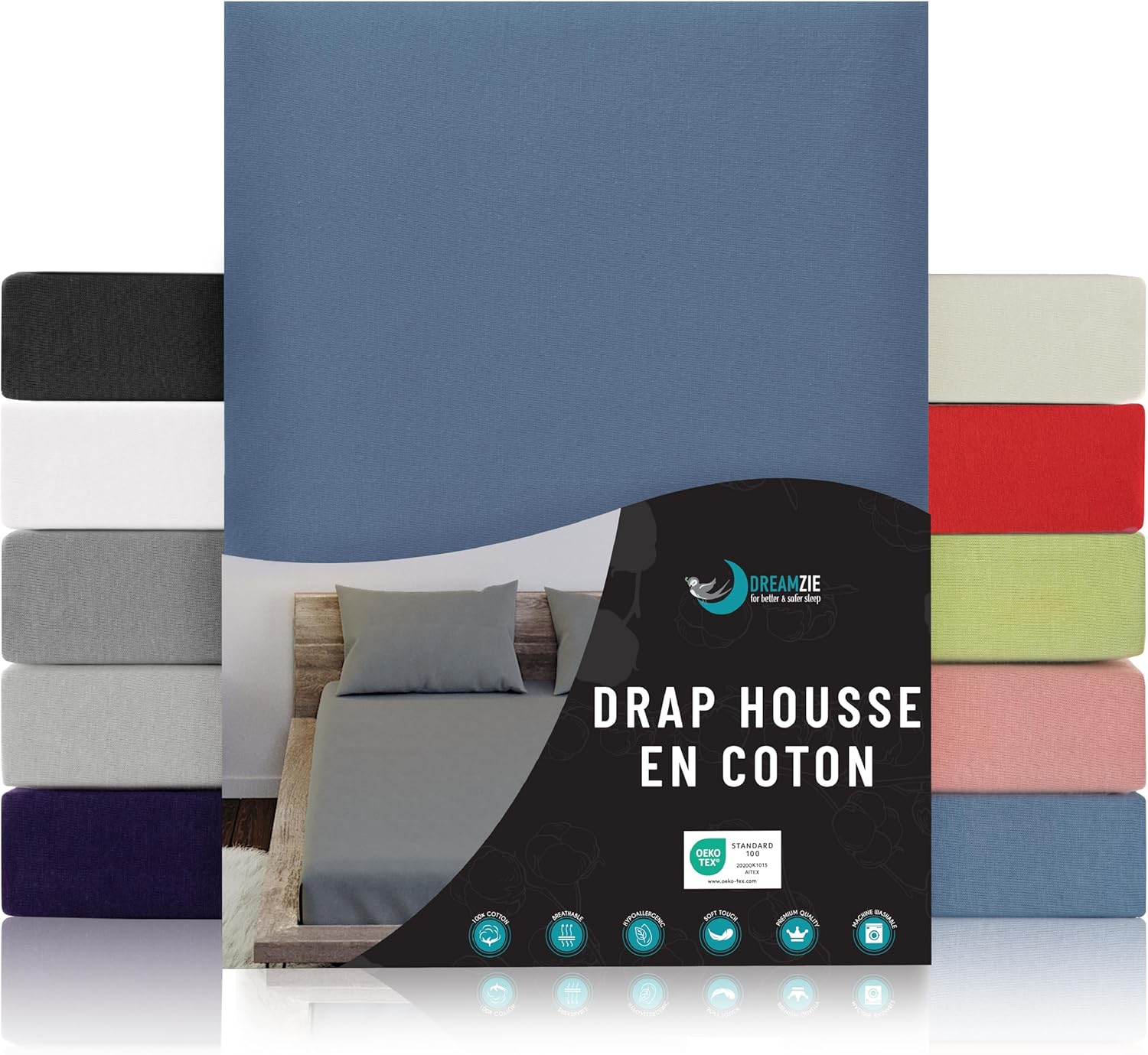 Drap Housse 140x190/200 - Bleu - 100% Jersey Coton Certifié Oeko Tex - Drap-Housse 140x190/200 140 x 190/200 cm Bleu