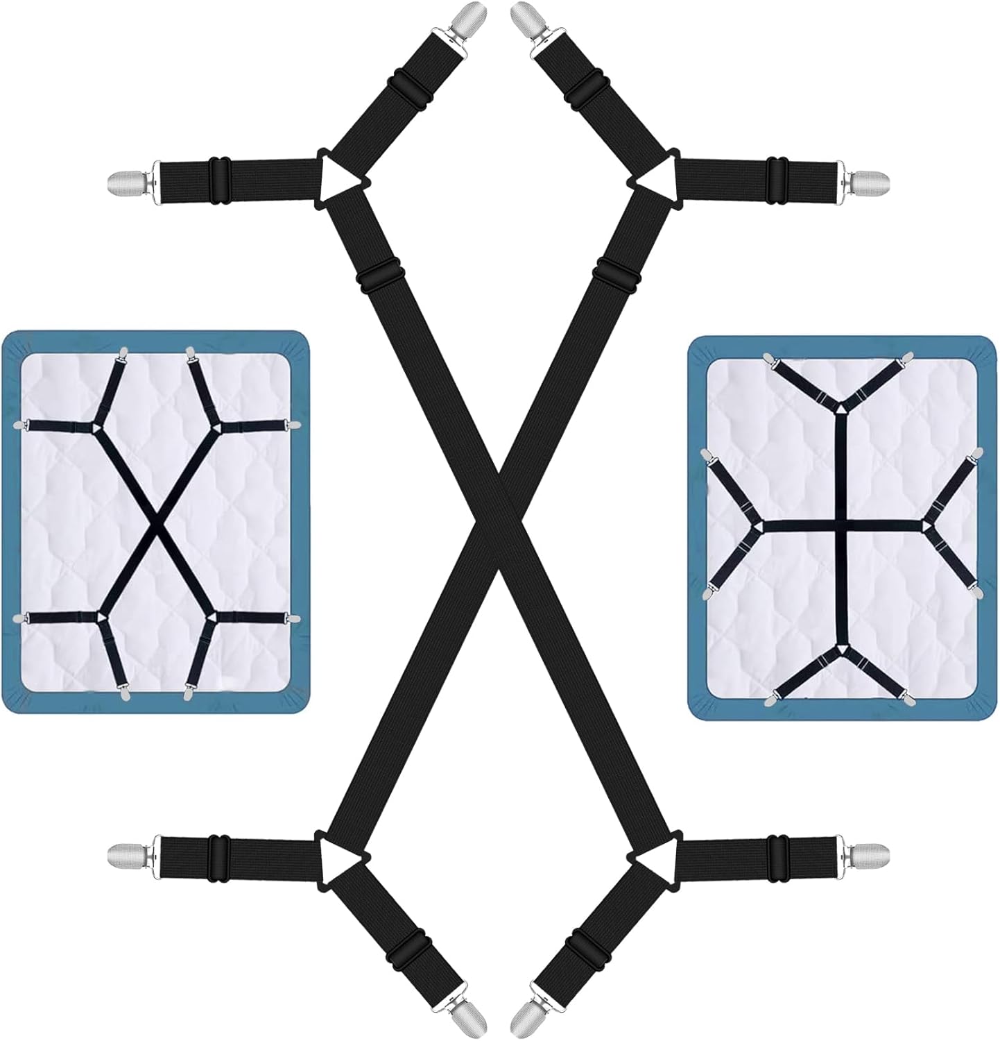 Quelcc 2 Pièces Tendeur Drap Housse, 70-277CM Attache Drap Housse avec Pinces Métalliques, Tendeurs De Drap RéGlables, Élastiques Ajustables Sangle Drap Housse, Convient à Tous Lits et Matelas, Noir