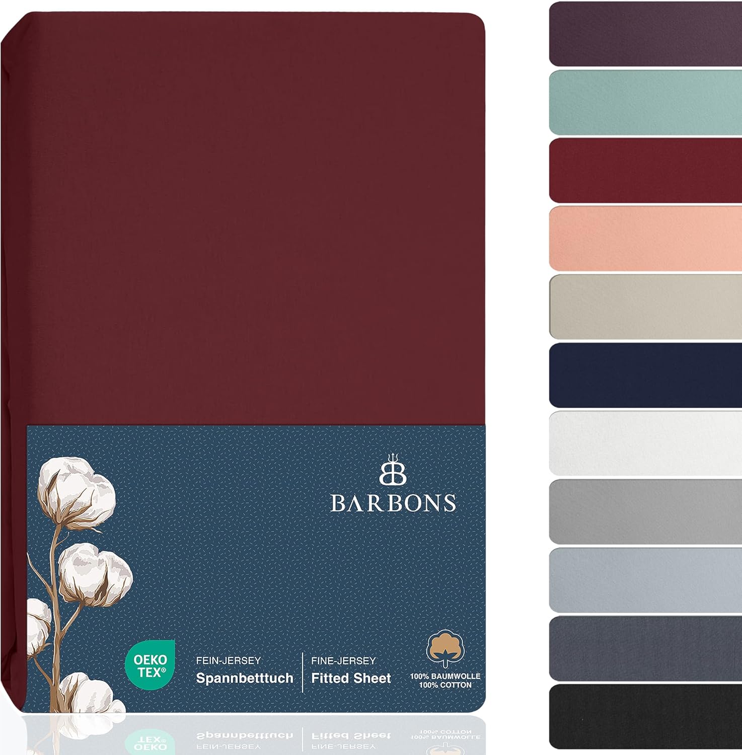 Barbons Drap Housse - 180 x 200 cm, 100% Coton, Certifié Oeko-TEX, Drap-Housse en Jersey, Bonnet jusqu'à 25 cm - (Bordeaux - 180x200) Drap Housse 180x200 cm Bordeaux