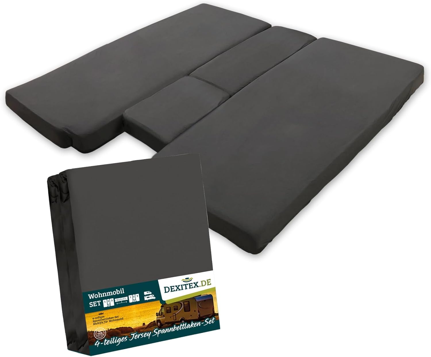 Dexitex - Drap Housse Campeur/Camping Car pour Lit 4 pièces- Caravane Matelas - Lit Caravane - Lit Camping Car - Oeko-Tex - 100% Coton - Grise