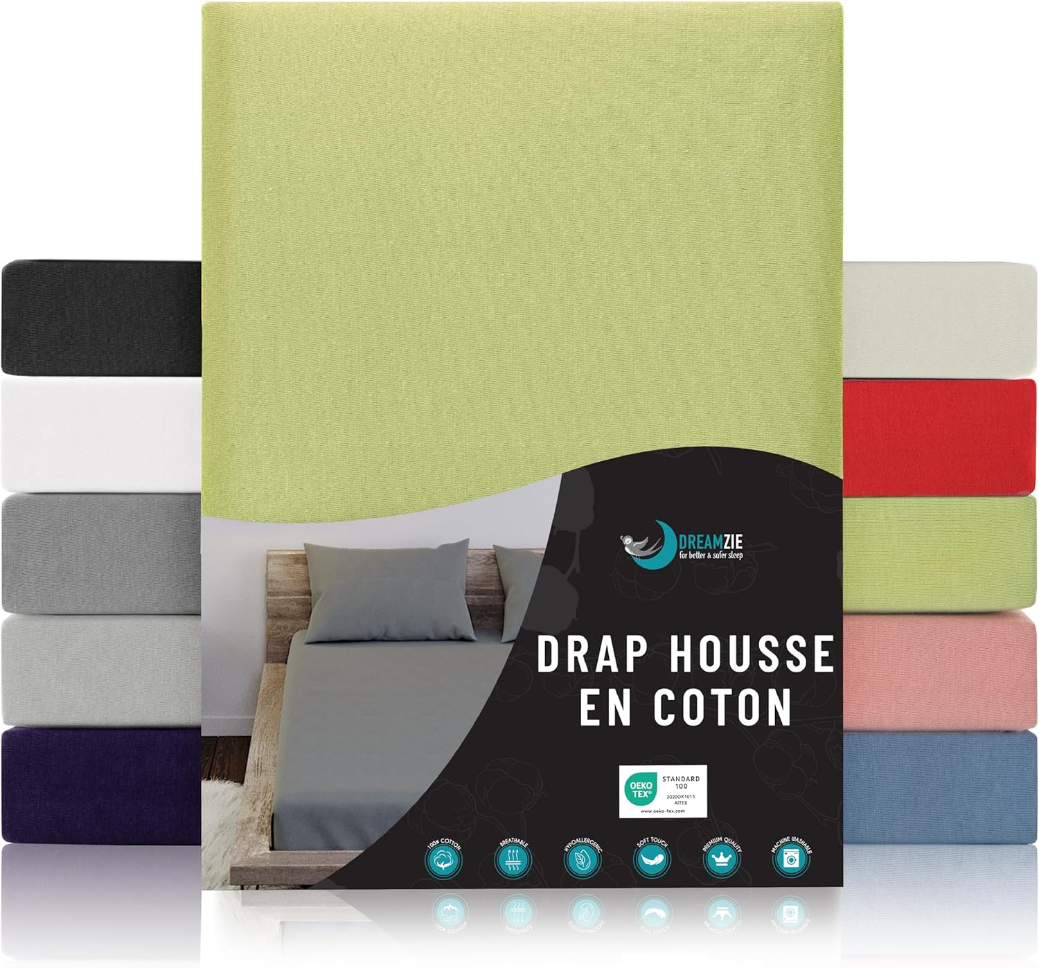 Drap Housse 140x190/200 - Vert - 100% Jersey Coton Certifié Oeko Tex - Drap-Housse 140x190/200 140 x 190/200 cm Vert