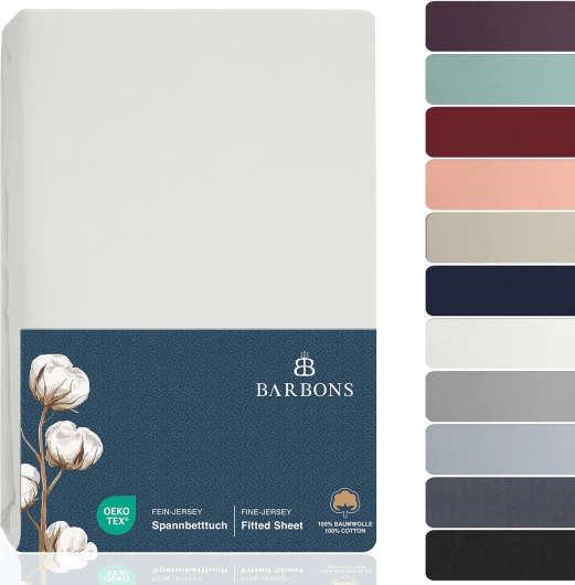 Barbons Drap Housse - 160 x 200 cm, 100% Coton, Certifié Oeko-TEX, Drap-Housse en Jersey, Bonnet jusqu'à 25 cm - (Blanc - 160x200) Drap Housse 160x200 cm Blanc
