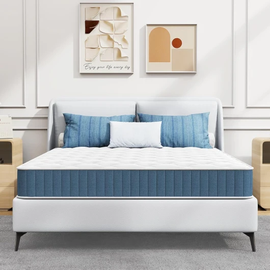 Matelas 140x200, Matelas Memoire de Forme 18cm d'Épaisseur, Confort 9-Zones, Fermeté Moyenne, Tissu Coton Respirant, Durabilité, Oeko-TEX, Bleu et Blanc 140×200×18cm