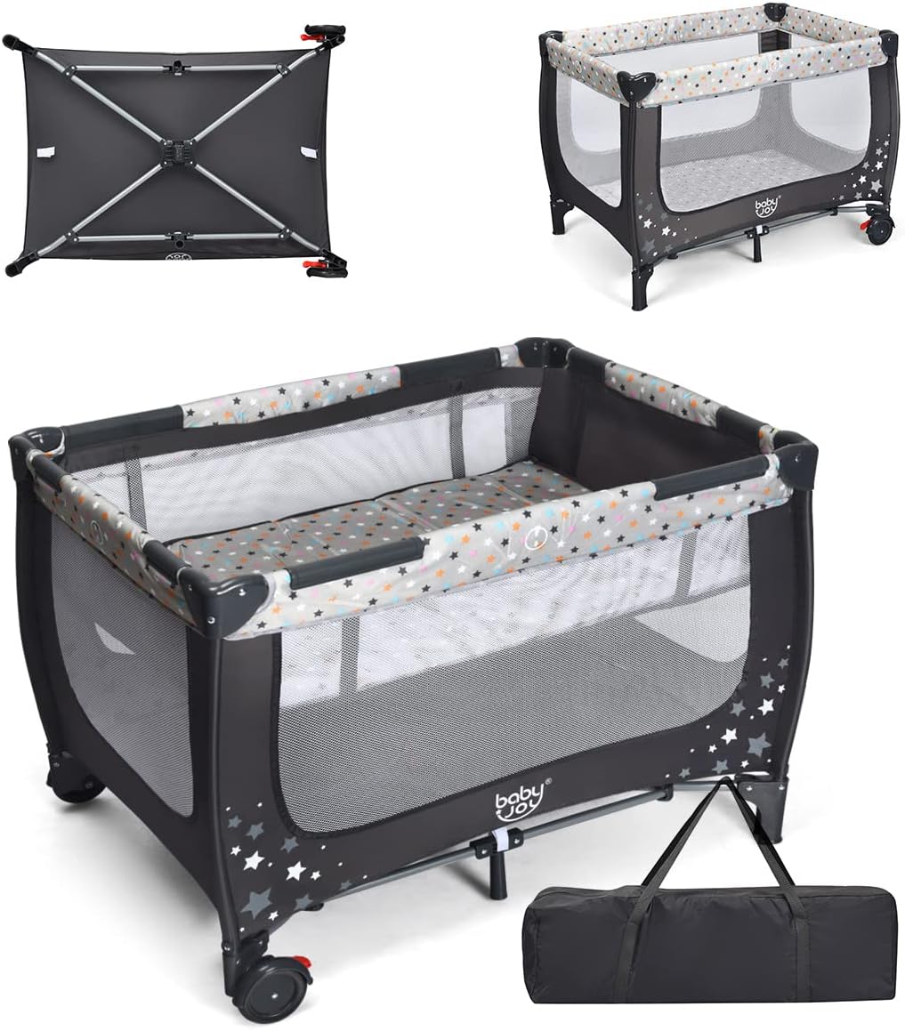 Lit Parapluie Bébé 2 en 1 avec Matelas Lit Voyage Pliable 120x65 CM avec Matelas&2 Roues avec Freins,Charge 15 KG,0-36 Mois(Gris)