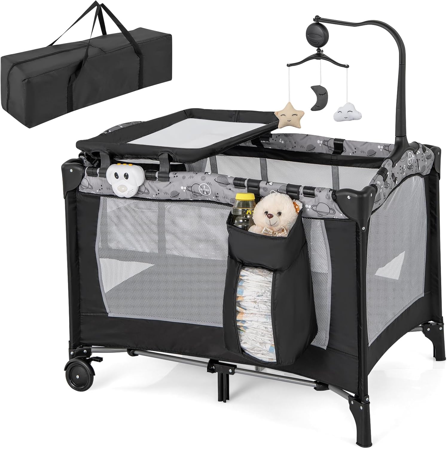 4 en 1 Lit Parapluie Bébé avec Matelas & Table à Langer, Lit Bébé Evolutif avec 3 Jouets Mignons & Boîte à Musique, Sac de Transport, 102x72cm, Charge 9kg pour 0-36 Mois Gris Sans Moustiquaire