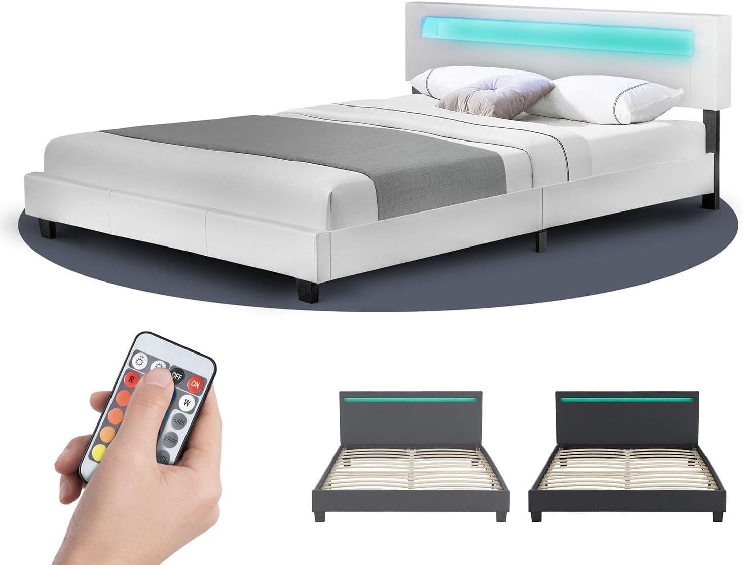 Lit rembourré Paris 180x200 cm - Cadre de lit avec éclairage LED, sommier à Lattes et tête de lit, Simili Cuir, lit pour Adulte et ado - 2 Personnes - Blanc 180x200cm Blanc