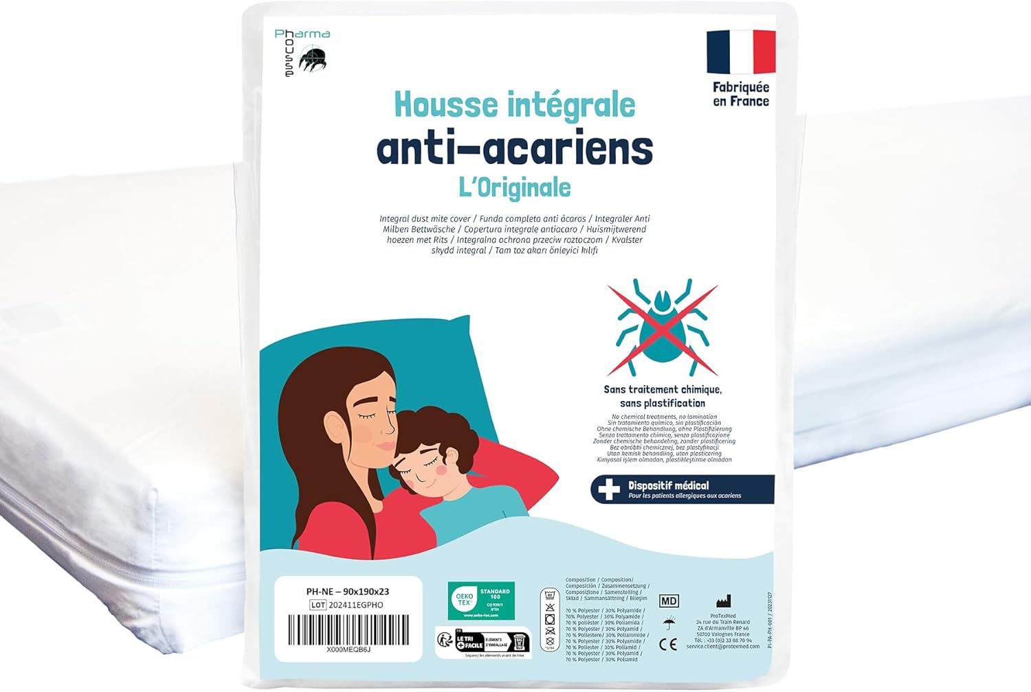 Pharma-Housse - Housse Anti-acariens intégrale pour Matelas - Dispositif médical - Garantie 10 Ans - Housse barrière sans Traitement ni plastification - Fabriquée en France Blanc 90x190x23 cm