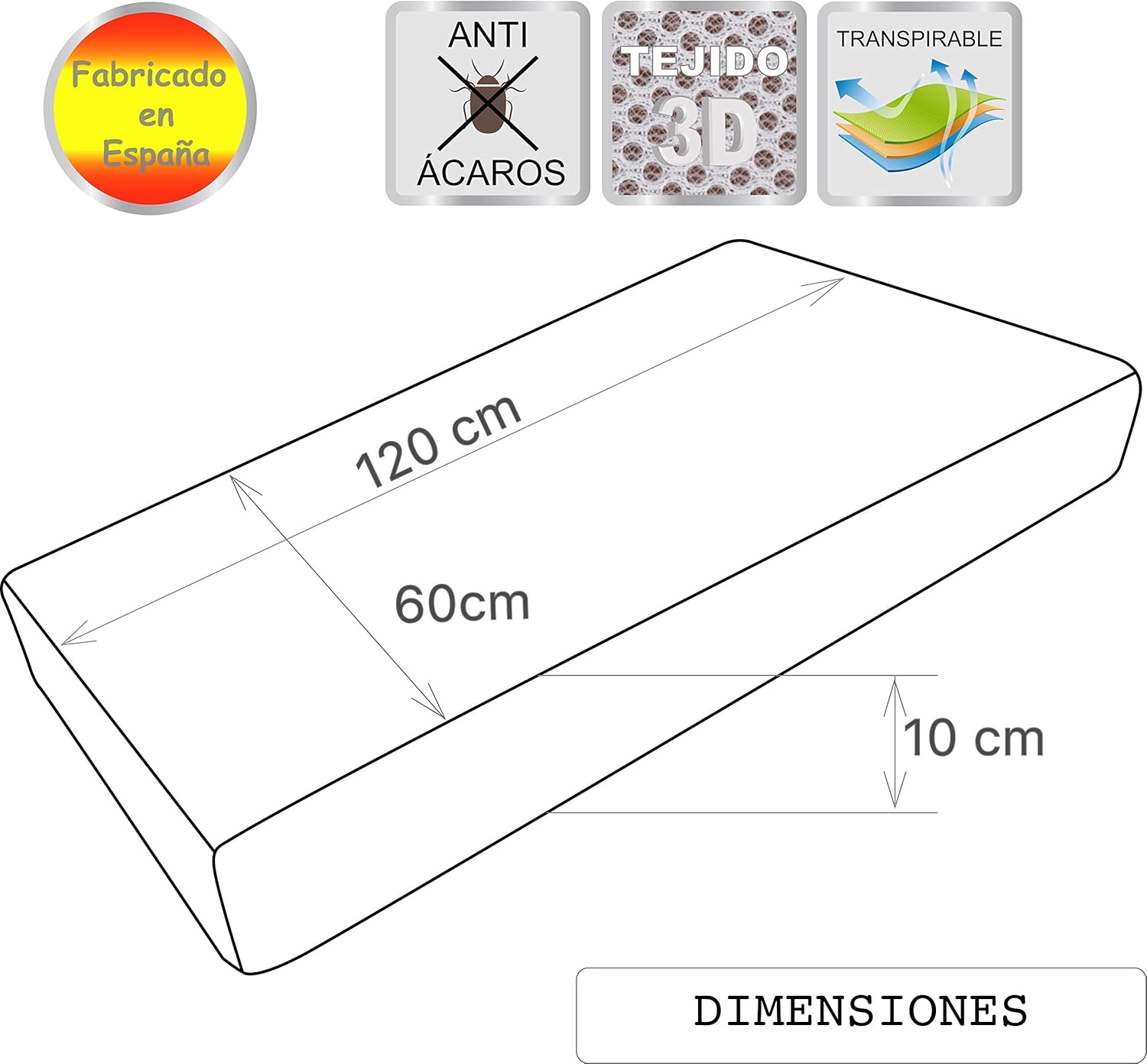 Matelas pour Lit de Bebe Double Face 60 x 120 cm Épaisseur 10 cm Housse Lavable Intérieur Mousse De Dureté 20 Spécial pour Bébés Enfants Fabriqué en Espagne