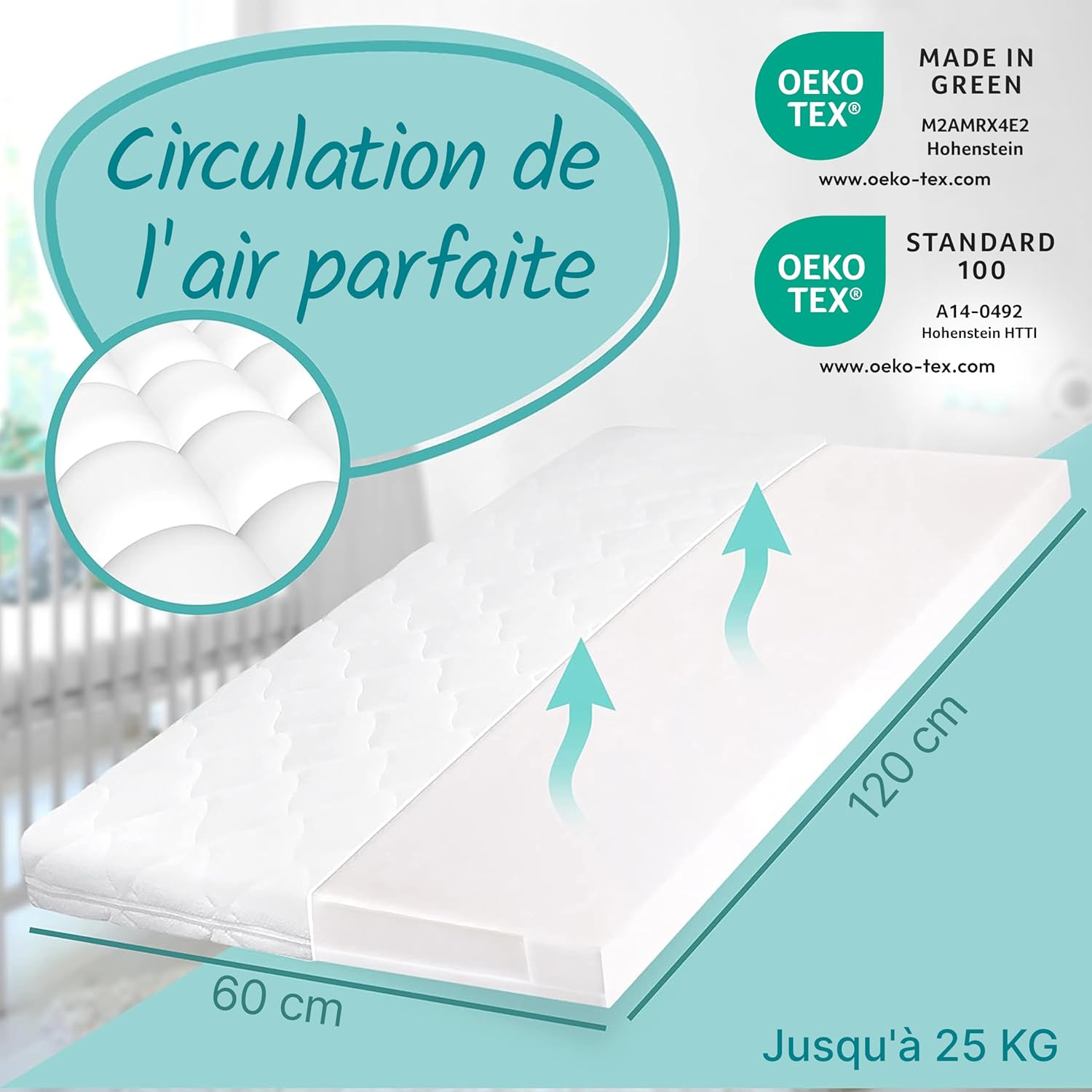 Sun Garden Matelas Bébé, Matelas Enfant 60x120 cm avec Bord Stable - Certifié Oeko-Tex 100 - Mousse, Lavable jusqu'à 60°C, Confort de Sommeil Élevé, Durable Avec bord stable 60 x 120 cm